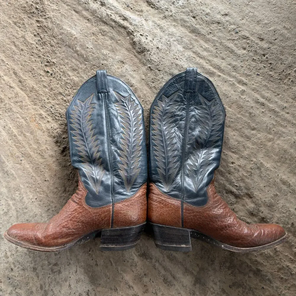 Vintage Brown Tan Leather Cowboy Boots Mens Size 7.5 D Western Style 1970s Beat